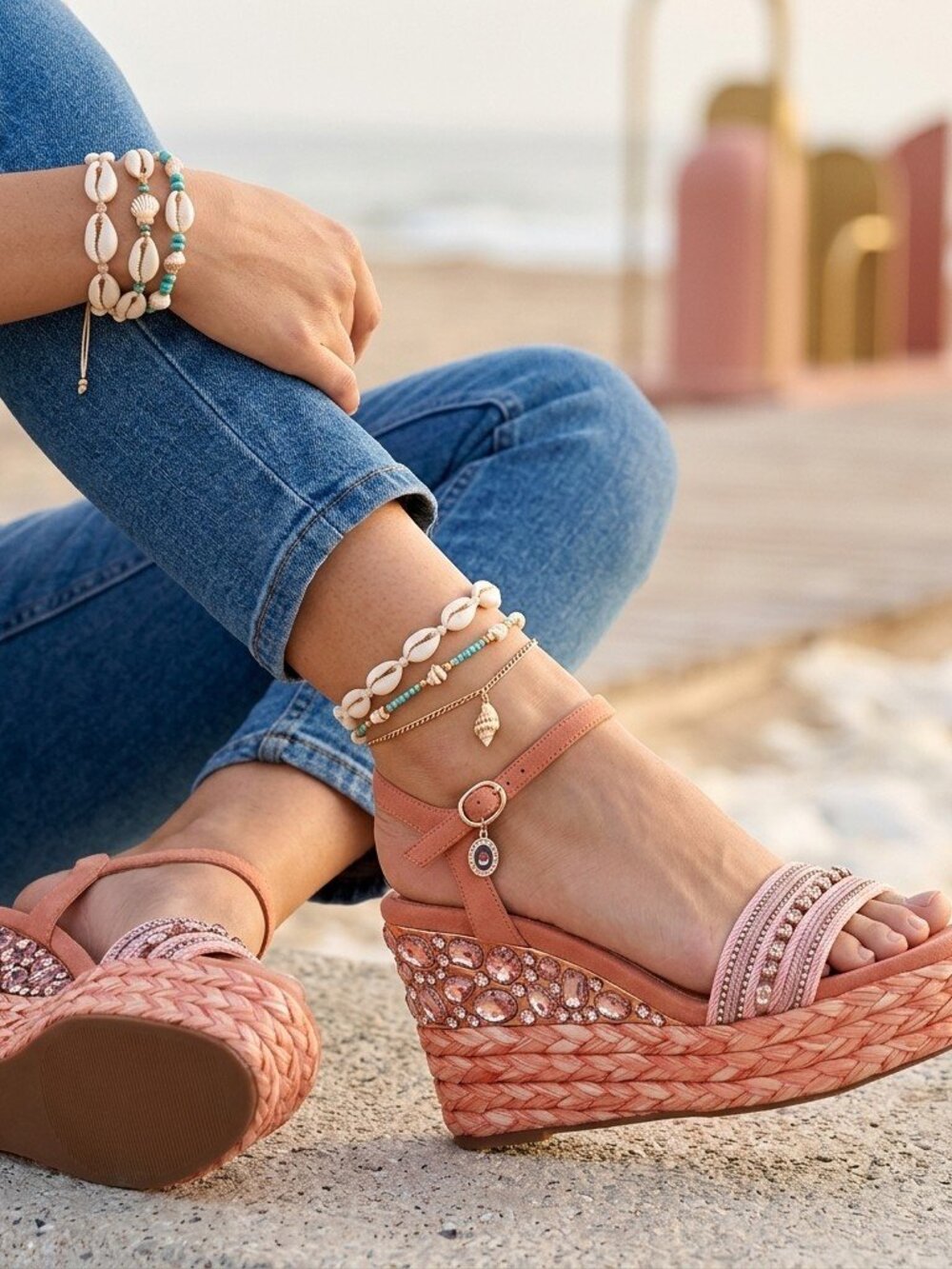 Rosé Crystal Wedge Sandals